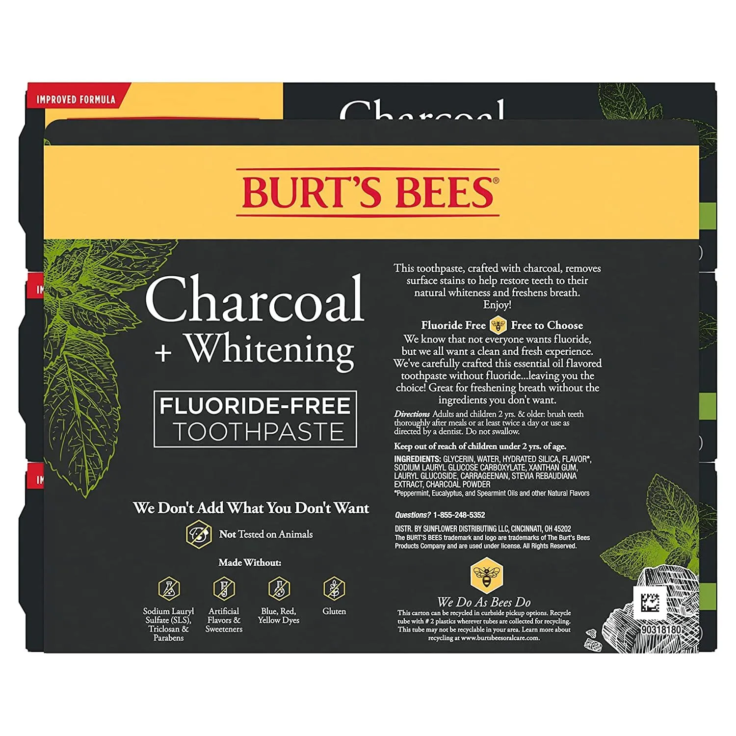 Burt's Bees Toothpaste, Natural Flavor, Charcoal Fluoride-Free Toothpaste, Zen Peppermint, 4.7 oz, Pack of 3