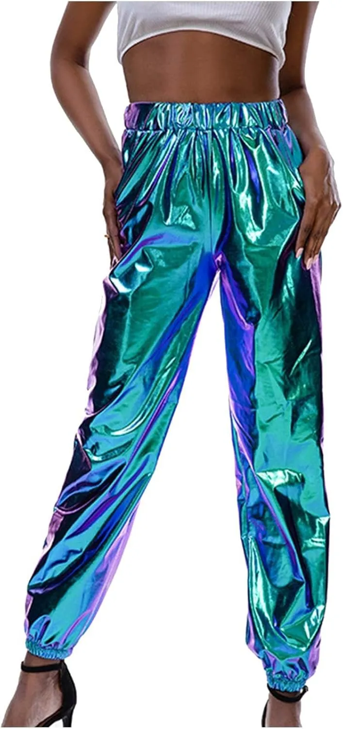 BZGTZT Women's Shiny Metallic High Waist Stretchy Jogger Pants, Wet Look Hip Hop Club Wear Holographic Trousers Sweatpant
