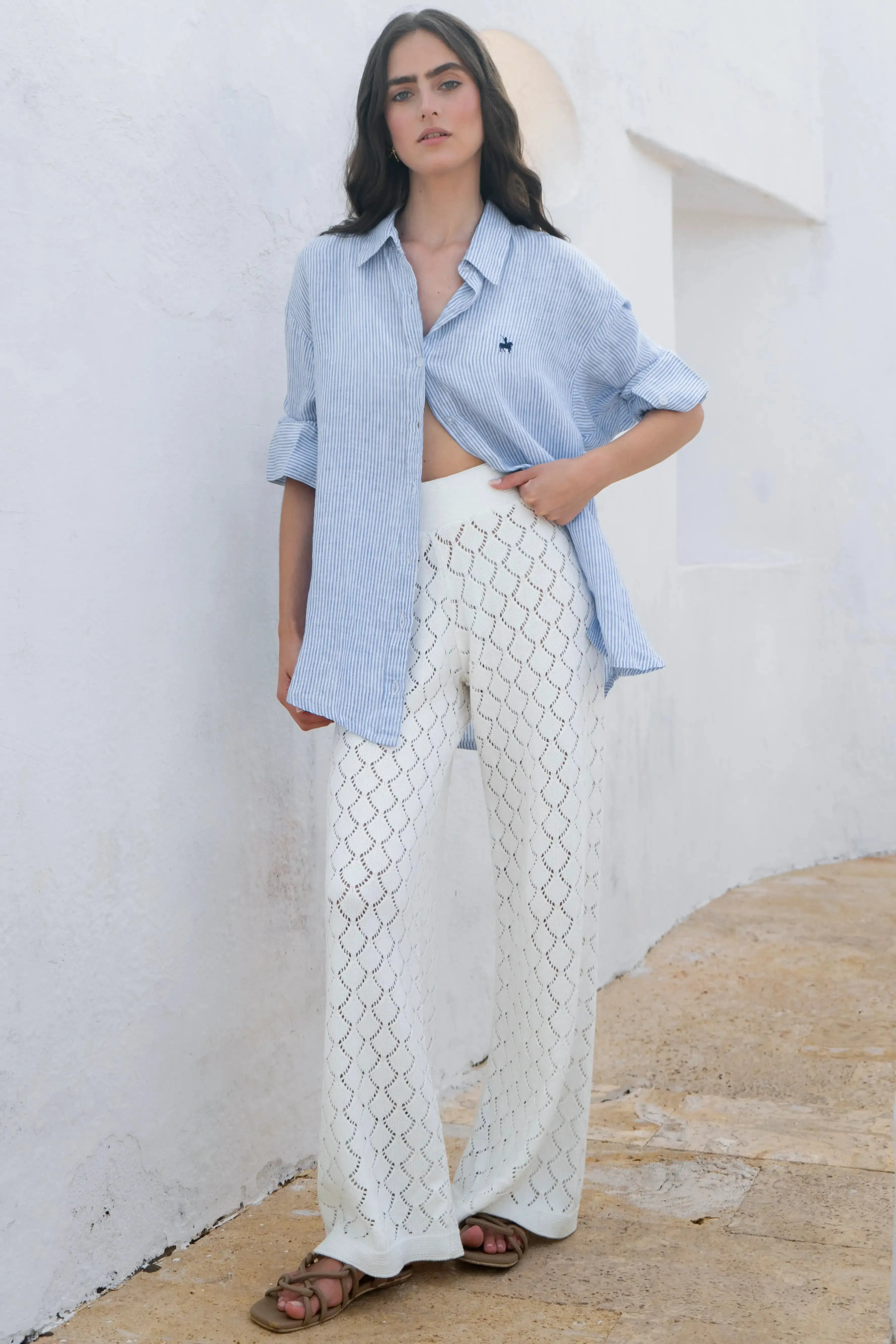 Camisa Rayas Azul Lino Mujer