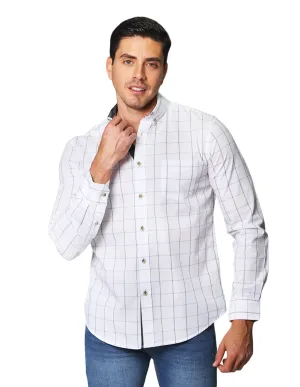 Camisas Para Hombre De Manga Larga Con Estampado De Cuadros Cuello Button Down De Algodon Regular Fit B41103 Blanco