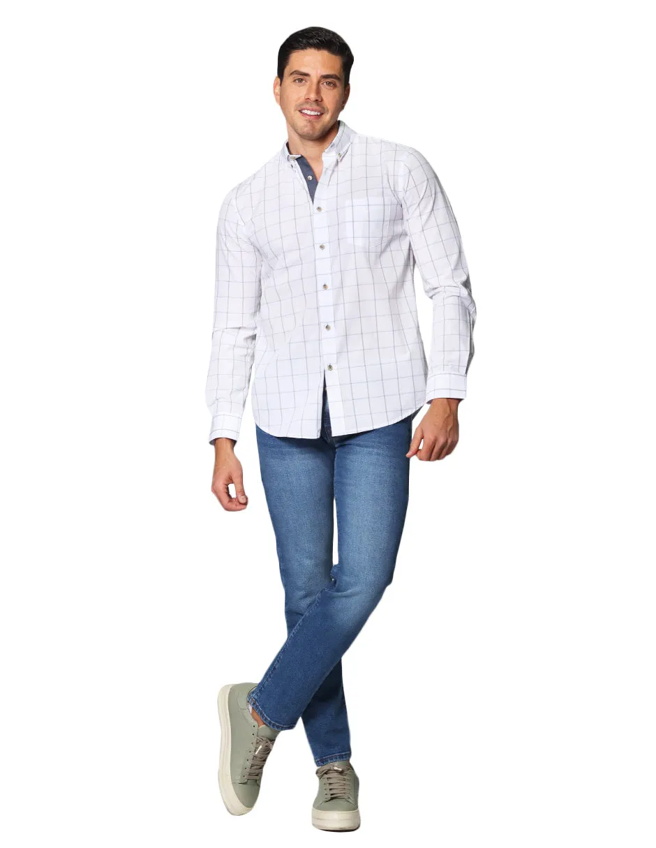 Camisas Para Hombre De Manga Larga Con Estampado De Cuadros Cuello Button Down De Algodon Regular Fit B41103 Blanco