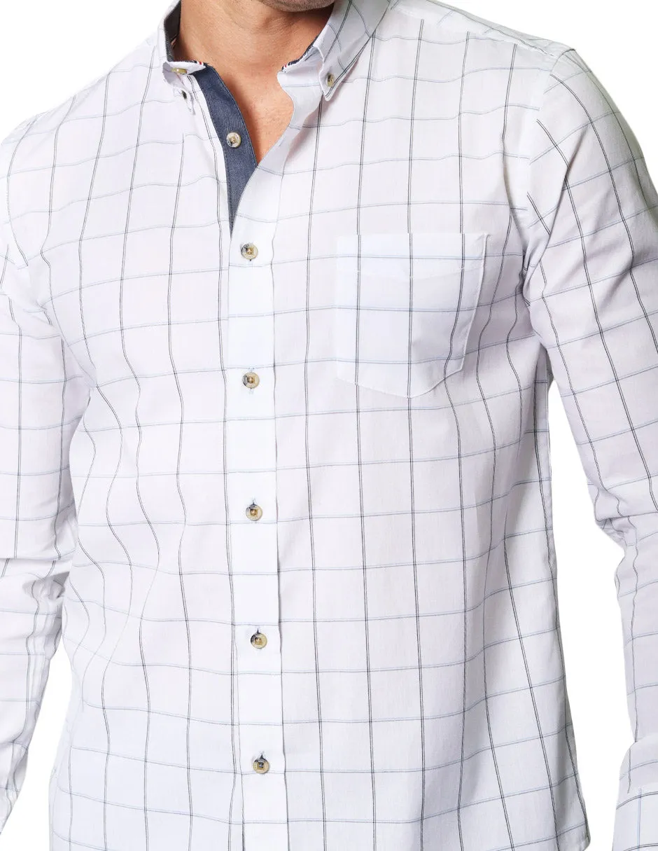 Camisas Para Hombre De Manga Larga Con Estampado De Cuadros Cuello Button Down De Algodon Regular Fit B41103 Blanco