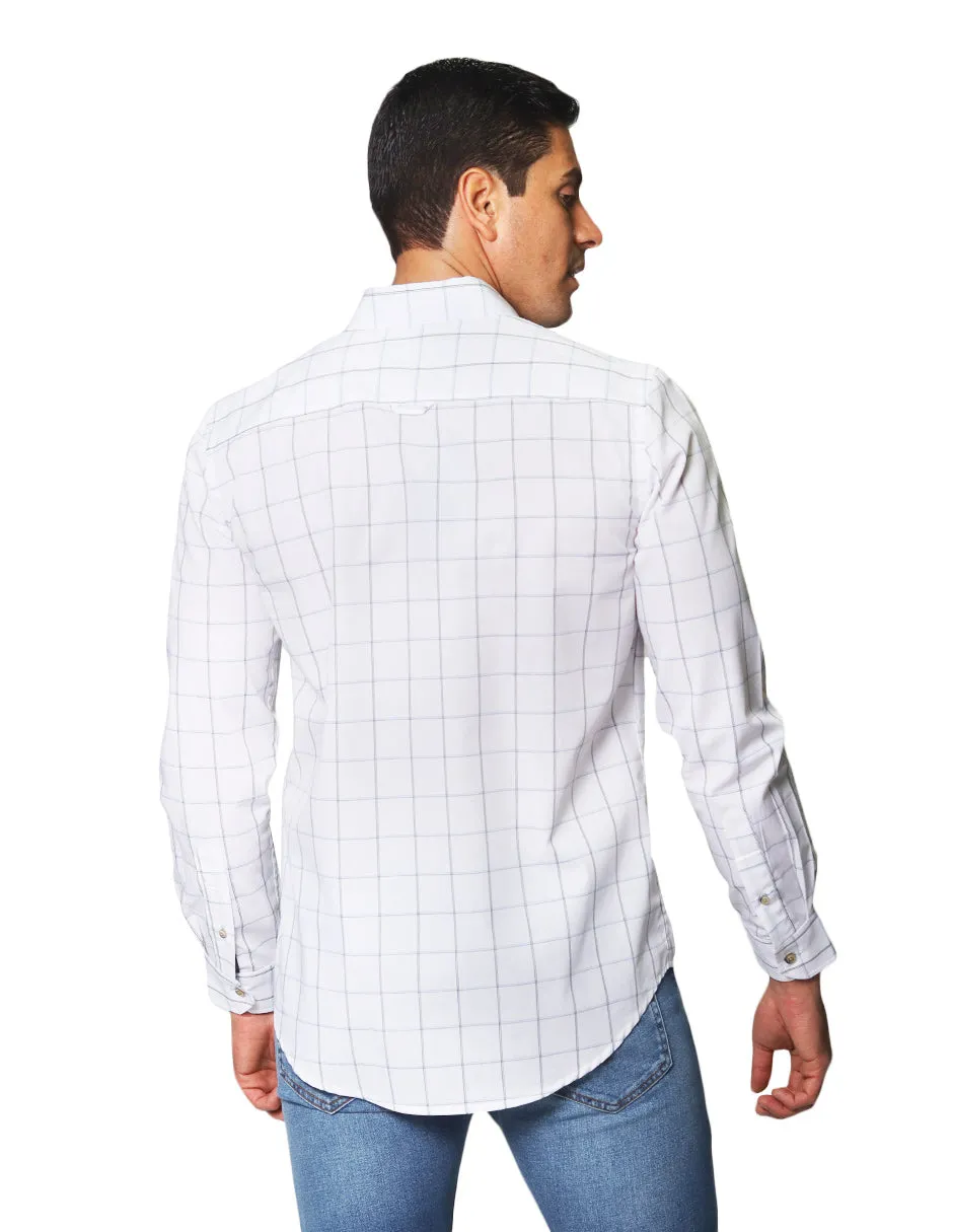 Camisas Para Hombre De Manga Larga Con Estampado De Cuadros Cuello Button Down De Algodon Regular Fit B41103 Blanco