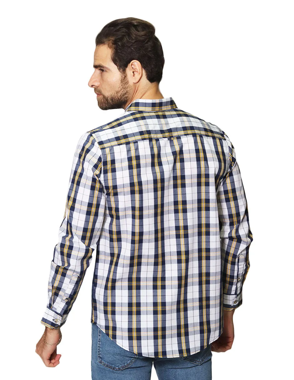 Camisas Para Hombre De Manga Larga Con Estampado De Cuadros Cuello Button Down De Algodon Regular Fit B41105 Blanco