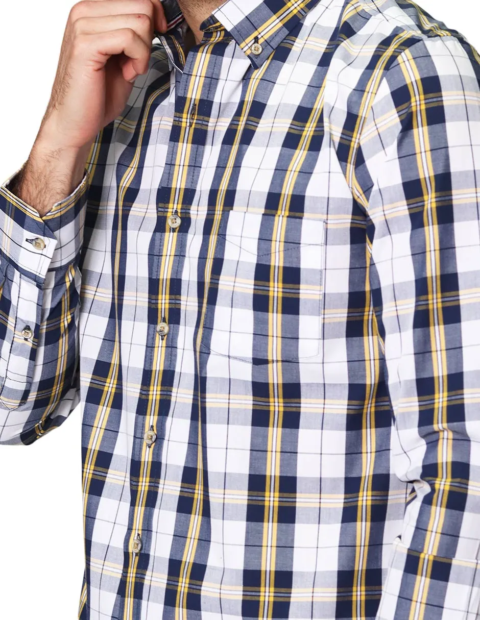 Camisas Para Hombre De Manga Larga Con Estampado De Cuadros Cuello Button Down De Algodon Regular Fit B41105 Blanco