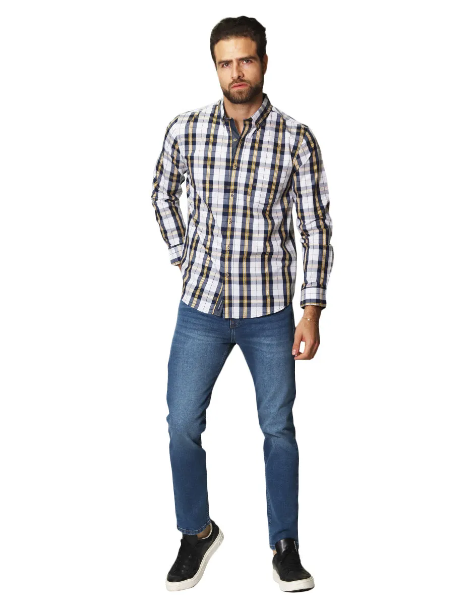 Camisas Para Hombre De Manga Larga Con Estampado De Cuadros Cuello Button Down De Algodon Regular Fit B41105 Blanco