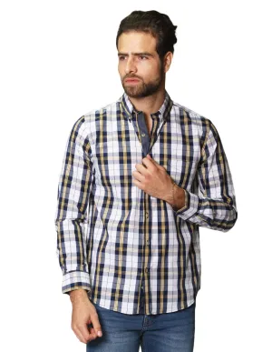 Camisas Para Hombre De Manga Larga Con Estampado De Cuadros Cuello Button Down De Algodon Regular Fit B41105 Blanco