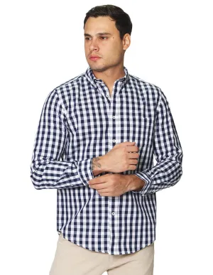 Camisas Para Hombre De Manga Larga Con Estampado De Cuadros Grandes Cuello Americano Regular Fit B41219 Blanco