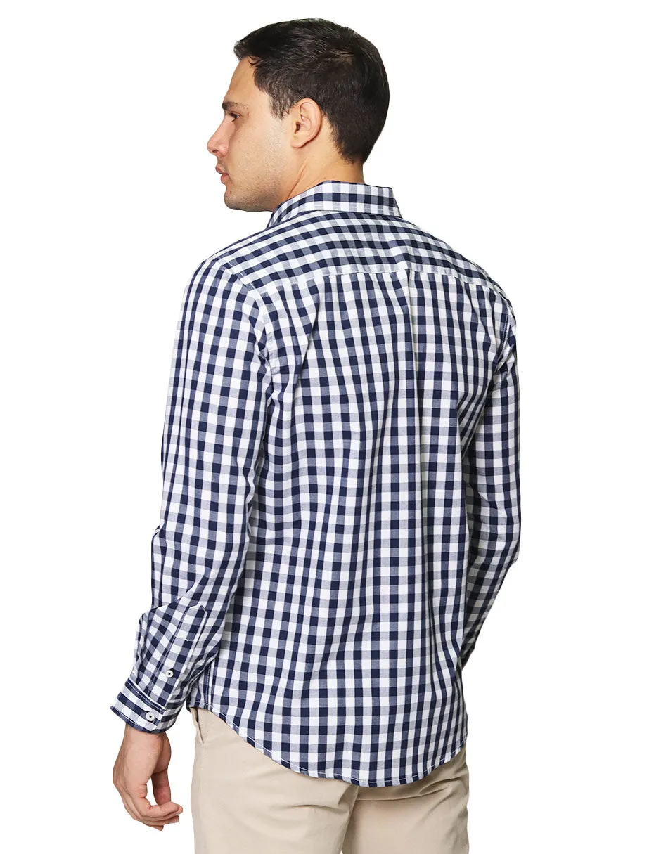 Camisas Para Hombre De Manga Larga Con Estampado De Cuadros Grandes Cuello Americano Regular Fit B41219 Blanco