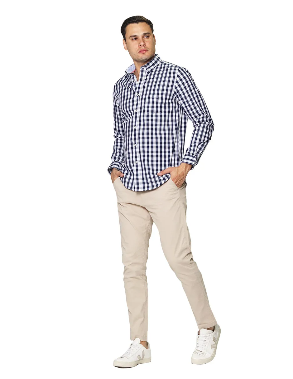 Camisas Para Hombre De Manga Larga Con Estampado De Cuadros Grandes Cuello Americano Regular Fit B41219 Blanco