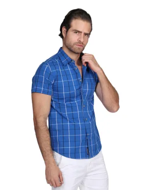 Camisas Para Hombre Manga Corta Cuadros Slim Fit Azul B21153