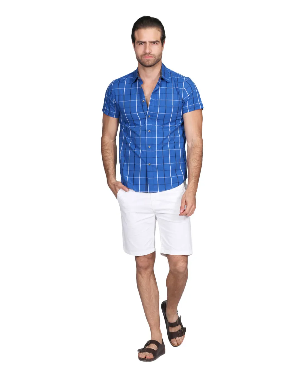 Camisas Para Hombre Manga Corta Cuadros Slim Fit Azul B21153