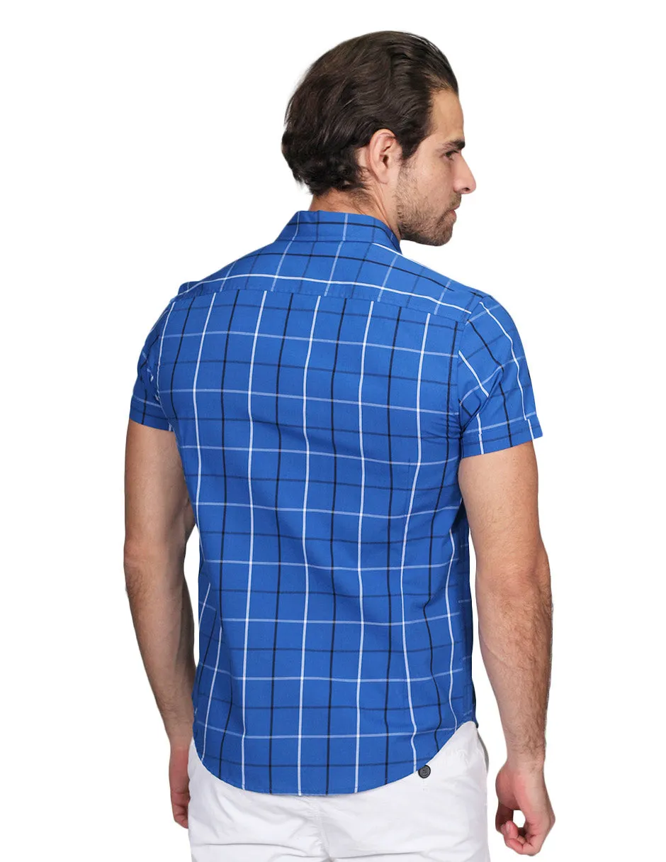 Camisas Para Hombre Manga Corta Cuadros Slim Fit Azul B21153
