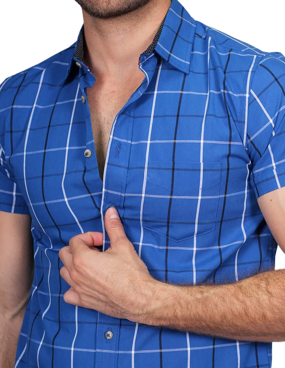 Camisas Para Hombre Manga Corta Cuadros Slim Fit Azul B21153