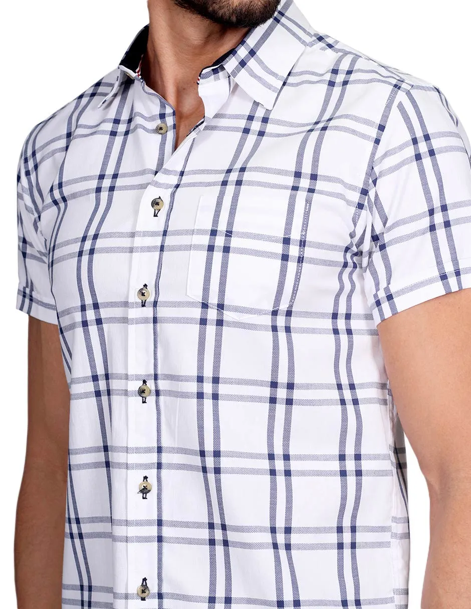 Camisas Para Hombre Manga Corta Cuadros Slim Fit Blanco B21155