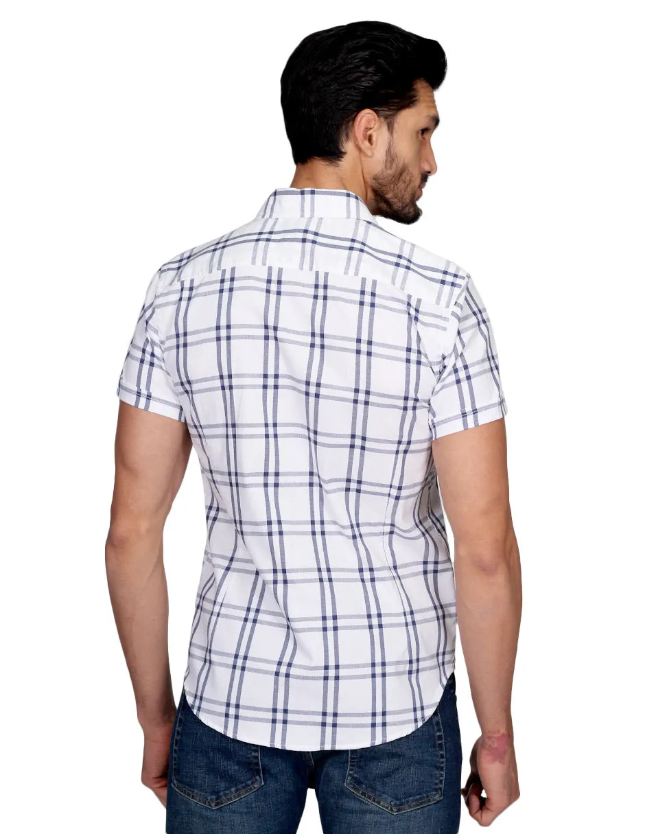 Camisas Para Hombre Manga Corta Cuadros Slim Fit Blanco B21155