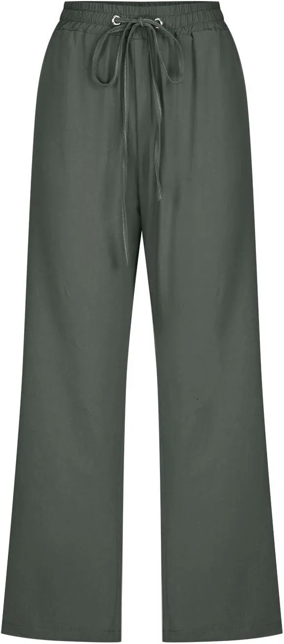 Capri Pants for Women Casual Summer Drawstring Elestic High Waist Cropped Trouser Plus Size Cotton Linen Capris