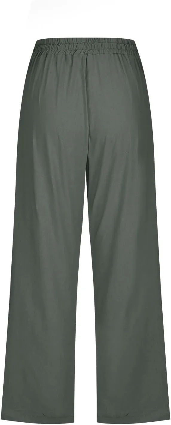 Capri Pants for Women Casual Summer Drawstring Elestic High Waist Cropped Trouser Plus Size Cotton Linen Capris