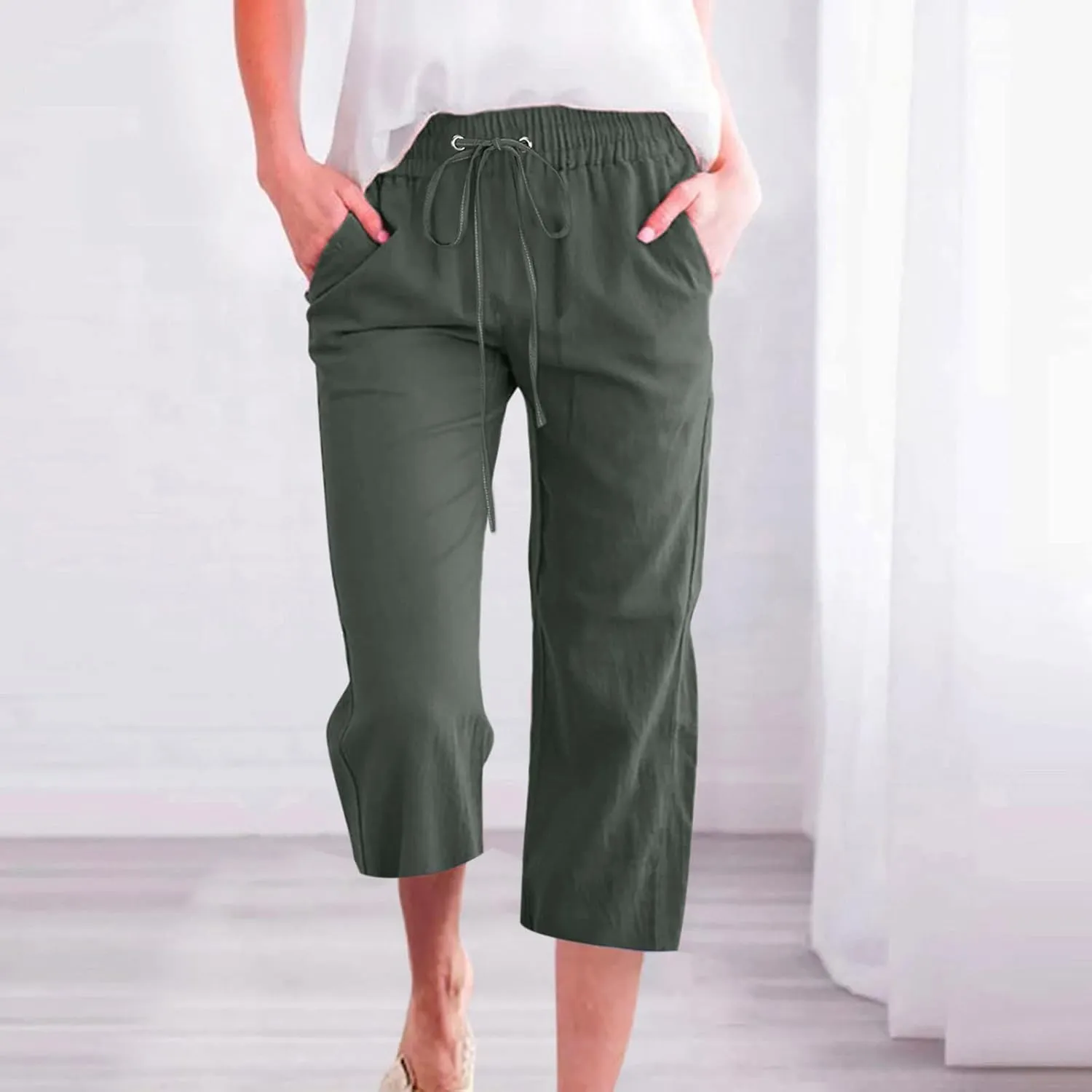 Capri Pants for Women Casual Summer Drawstring Elestic High Waist Cropped Trouser Plus Size Cotton Linen Capris