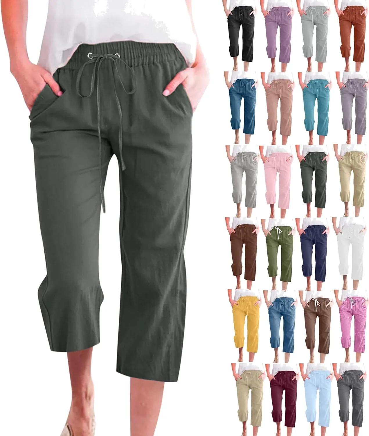 Capri Pants for Women Casual Summer Drawstring Elestic High Waist Cropped Trouser Plus Size Cotton Linen Capris