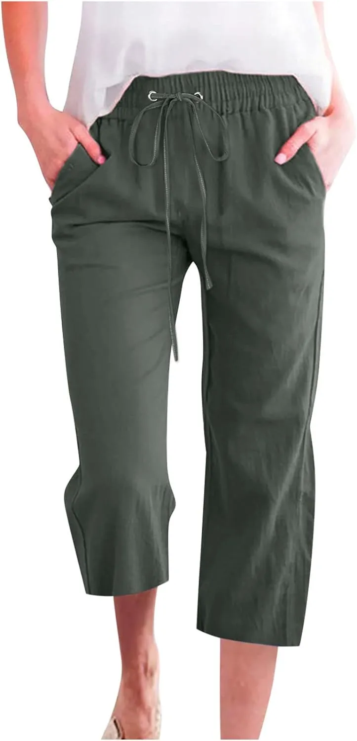 Capri Pants for Women Casual Summer Drawstring Elestic High Waist Cropped Trouser Plus Size Cotton Linen Capris
