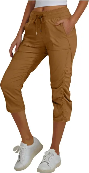 Capri Pants for Women Lightweight Hiking Pants Comfy Outdoor Running Pants Drawstring Ruched Crop Pants with Pockets