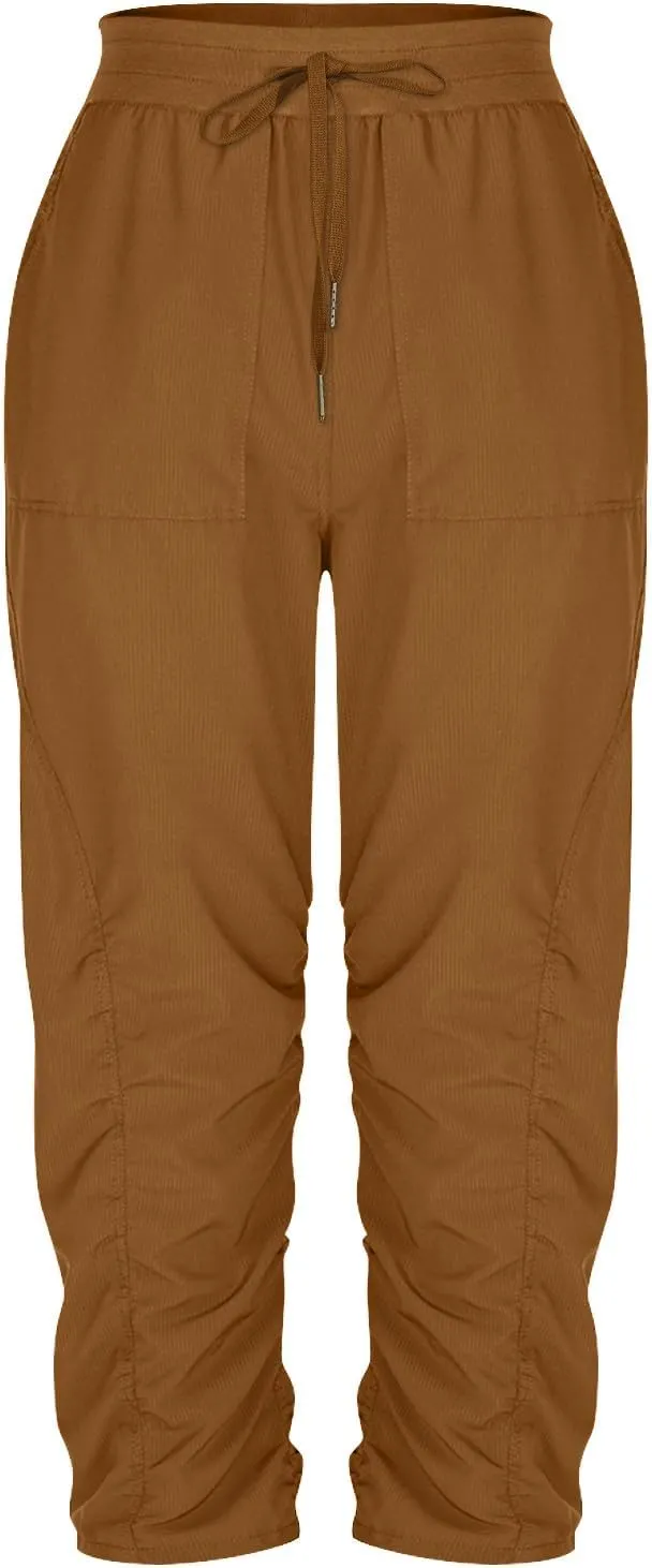 Capri Pants for Women Lightweight Hiking Pants Comfy Outdoor Running Pants Drawstring Ruched Crop Pants with Pockets