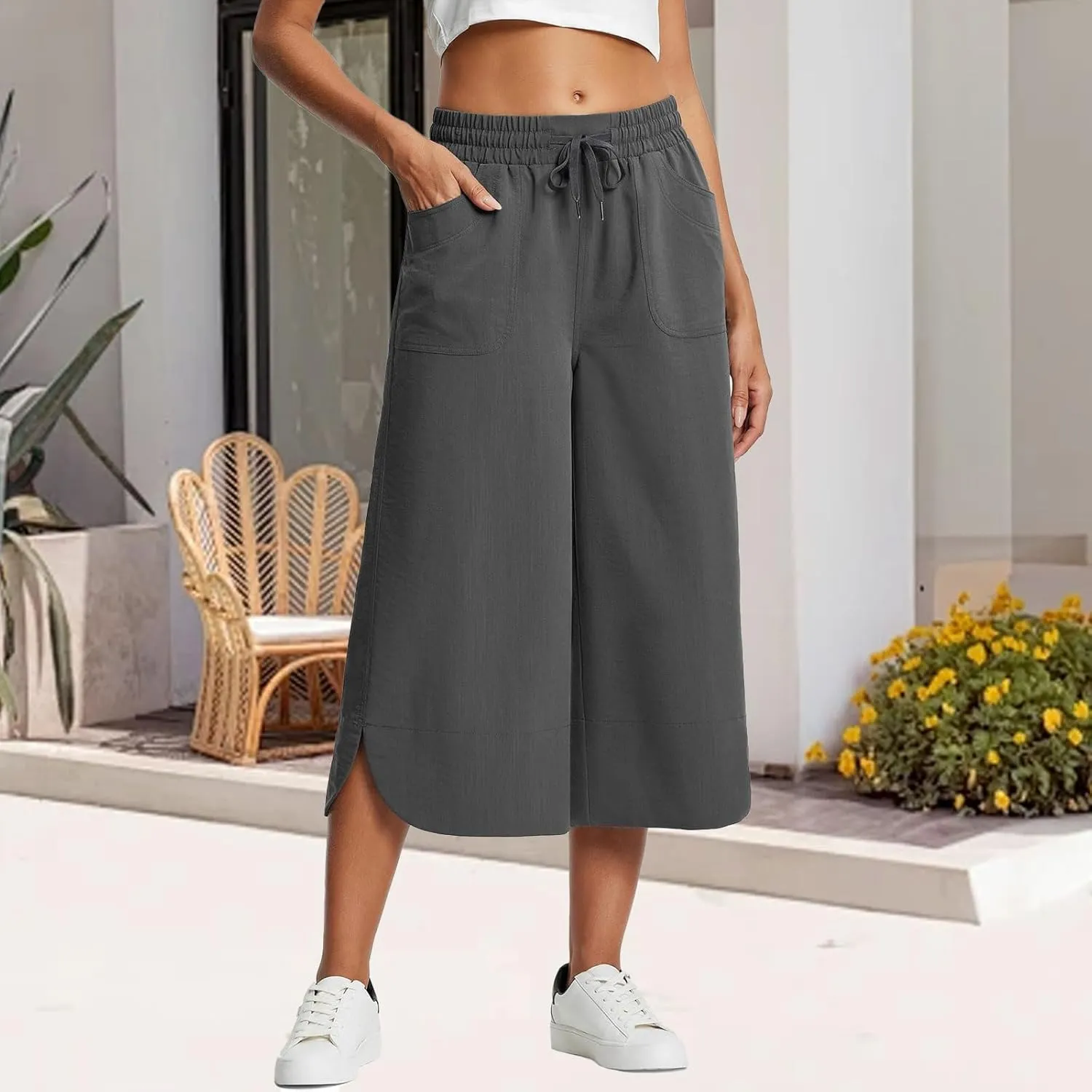 Capri Pants for Women Summer Loose High Waisted Drawstring Wide Leg Pant Casual Split Palazzo Trousers with Pockets