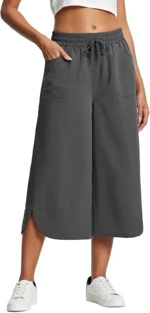 Capri Pants for Women Summer Loose High Waisted Drawstring Wide Leg Pant Casual Split Palazzo Trousers with Pockets