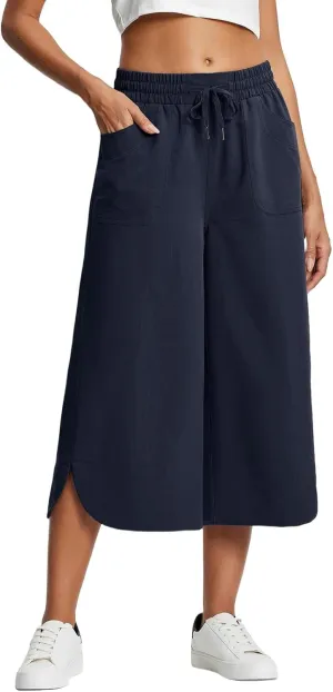 Capri Pants for Women Summer Loose High Waisted Drawstring Wide Leg Pant Casual Split Palazzo Trousers with Pockets