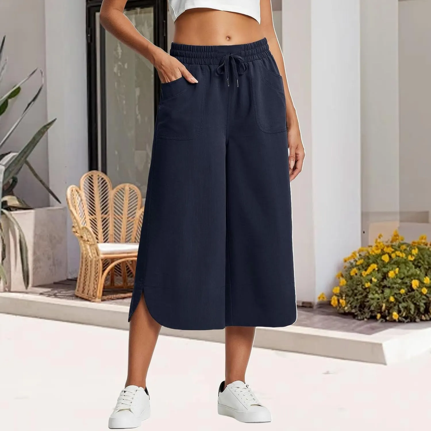 Capri Pants for Women Summer Loose High Waisted Drawstring Wide Leg Pant Casual Split Palazzo Trousers with Pockets