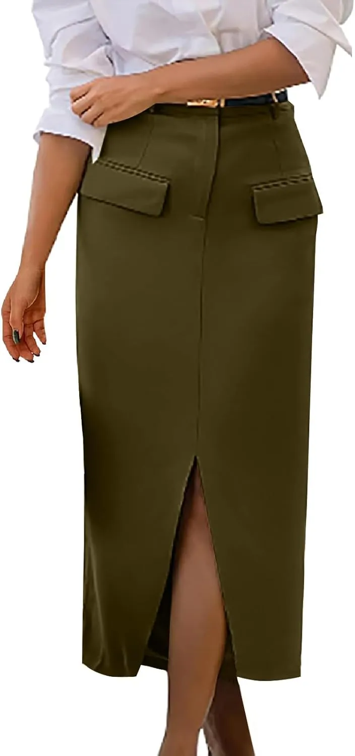 Cargo Skirts for Women High Waisted Midi Skirt Trendy Spring Summer Pencil Slit Dressy Casual Business Work Long Skirts