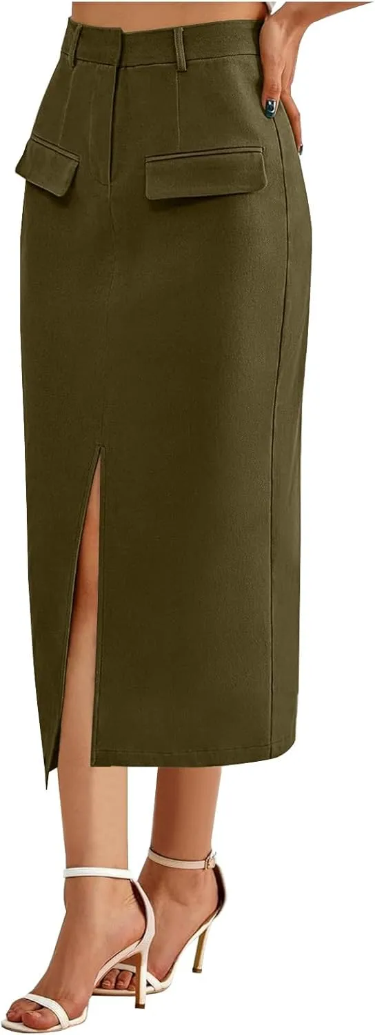 Cargo Skirts for Women High Waisted Midi Skirt Trendy Spring Summer Pencil Slit Dressy Casual Business Work Long Skirts