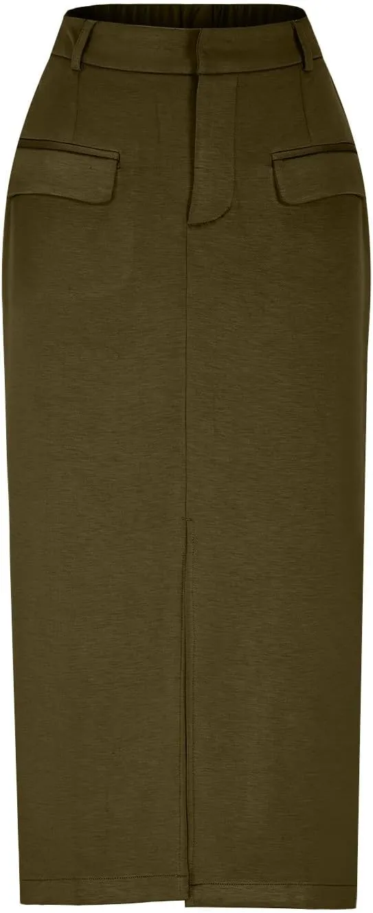 Cargo Skirts for Women High Waisted Midi Skirt Trendy Spring Summer Pencil Slit Dressy Casual Business Work Long Skirts