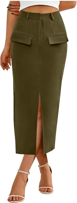 Cargo Skirts for Women High Waisted Midi Skirt Trendy Spring Summer Pencil Slit Dressy Casual Business Work Long Skirts
