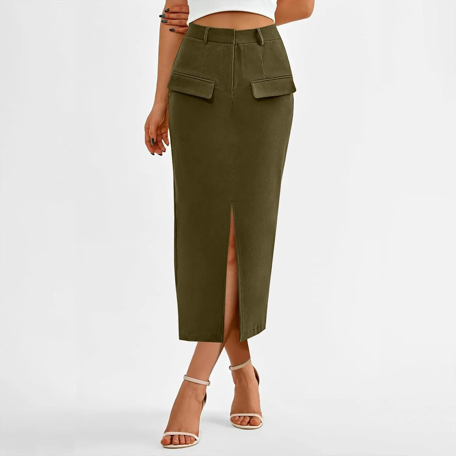 Cargo Skirts for Women High Waisted Midi Skirt Trendy Spring Summer Pencil Slit Dressy Casual Business Work Long Skirts