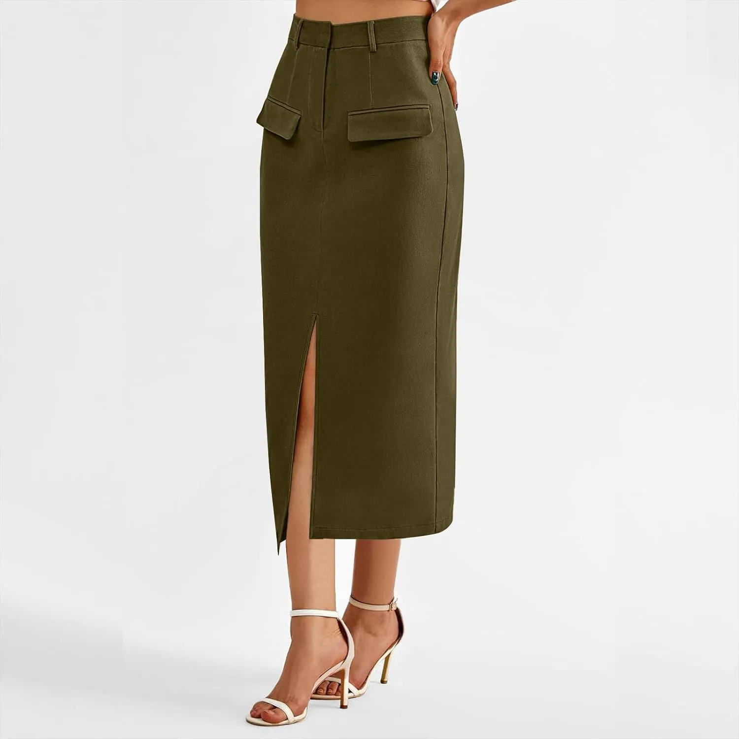 Cargo Skirts for Women High Waisted Midi Skirt Trendy Spring Summer Pencil Slit Dressy Casual Business Work Long Skirts