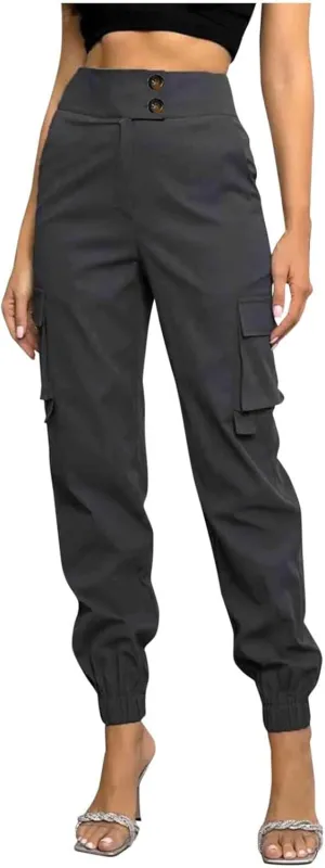 Cargo Sweatpants Women Buttons Elastic Waisted Pants Baggy Straight Leg Cuffed Cargo Trousers with Multiple Pockets