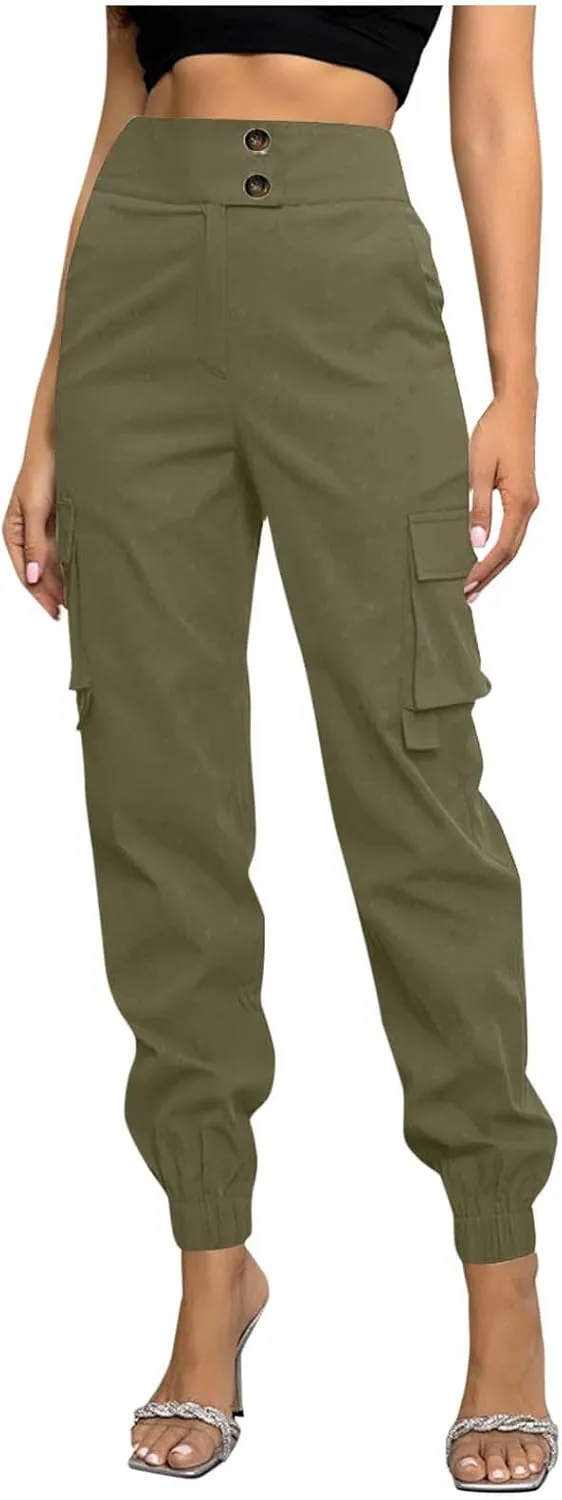 Cargo Sweatpants Women Buttons Elastic Waisted Pants Baggy Straight Leg Cuffed Cargo Trousers with Multiple Pockets