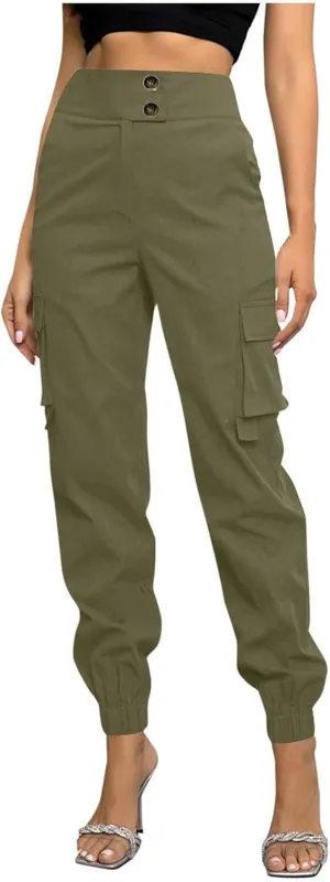 Cargo Sweatpants Women Buttons Elastic Waisted Pants Baggy Straight Leg Cuffed Cargo Trousers with Multiple Pockets