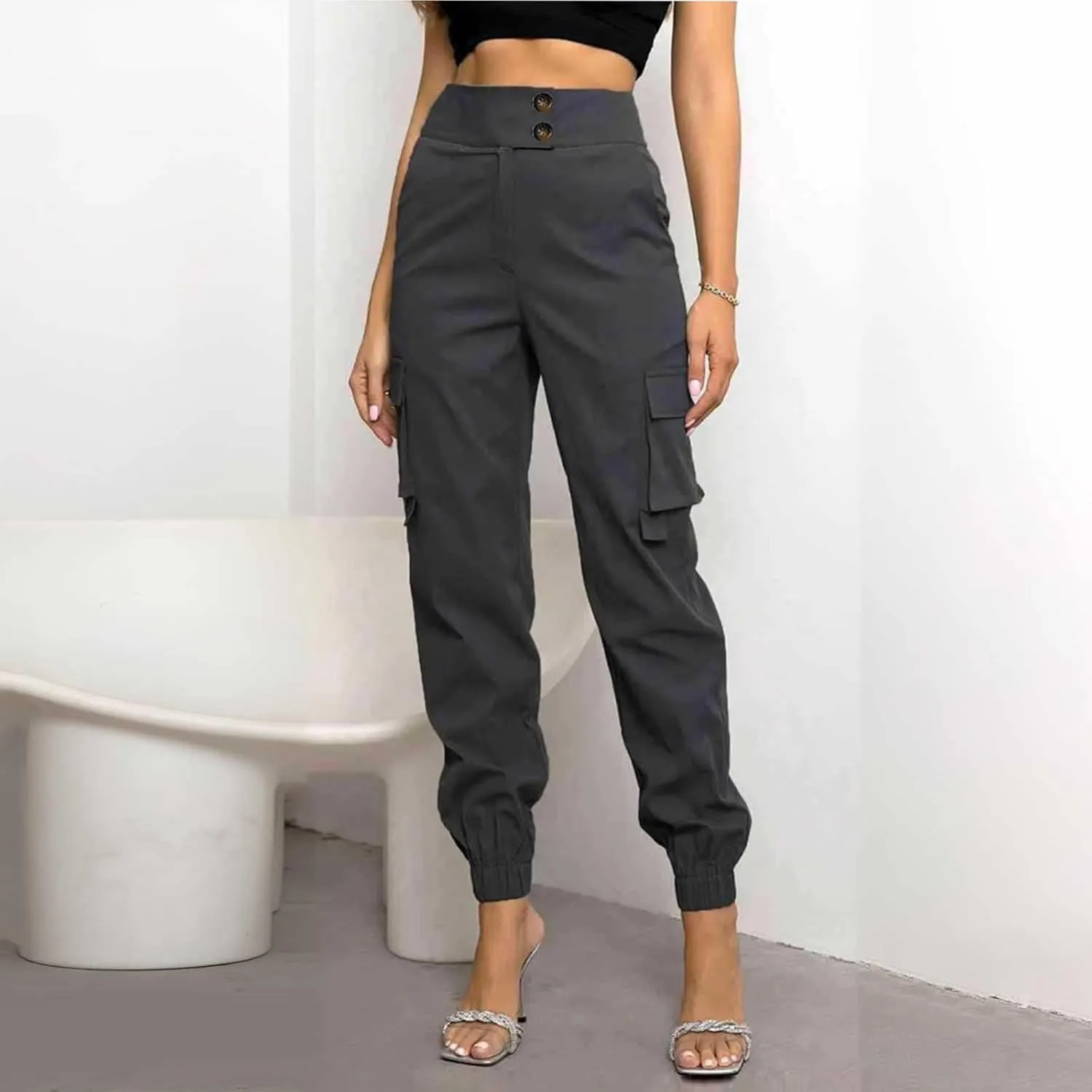 Cargo Sweatpants Women Buttons Elastic Waisted Pants Baggy Straight Leg Cuffed Cargo Trousers with Multiple Pockets