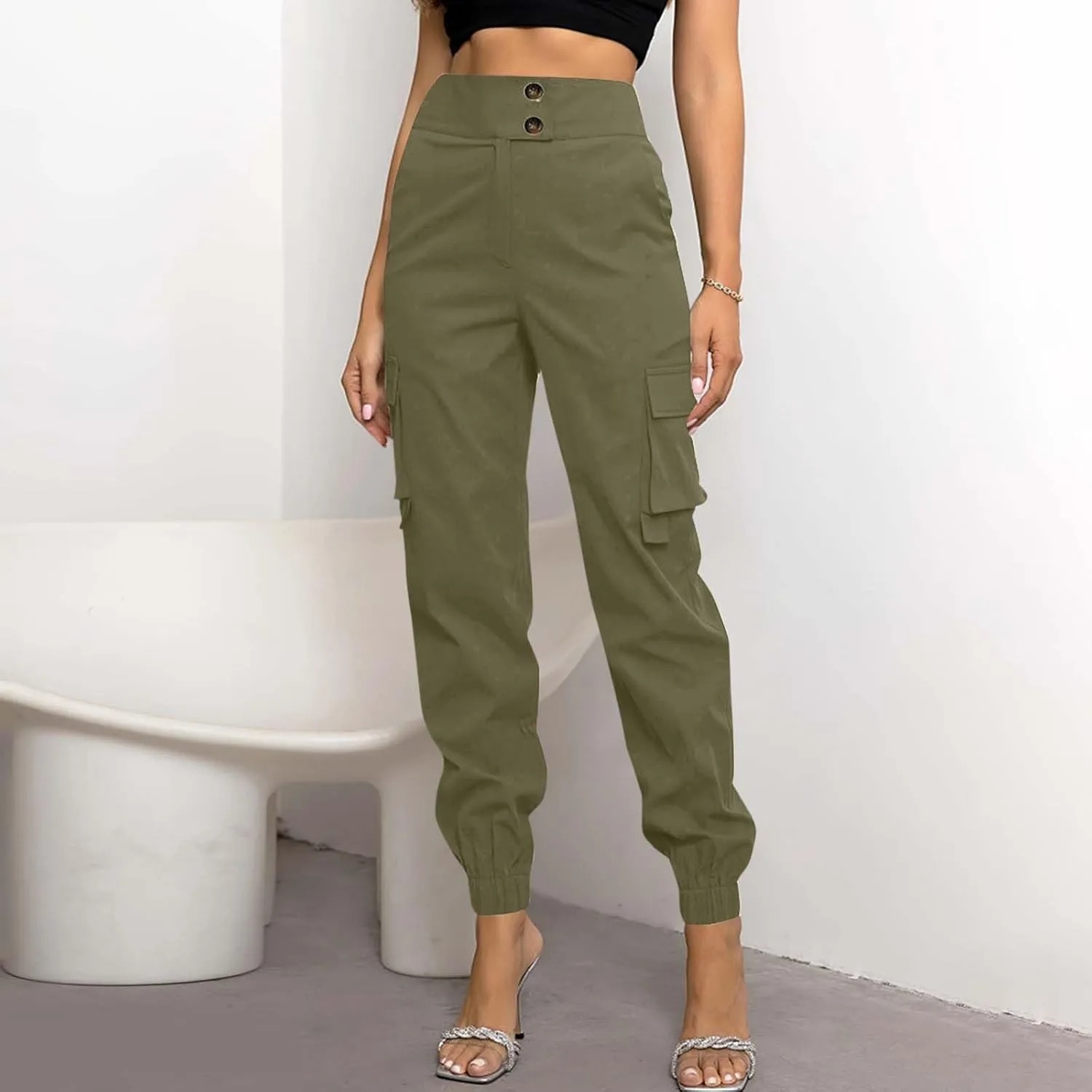 Cargo Sweatpants Women Buttons Elastic Waisted Pants Baggy Straight Leg Cuffed Cargo Trousers with Multiple Pockets