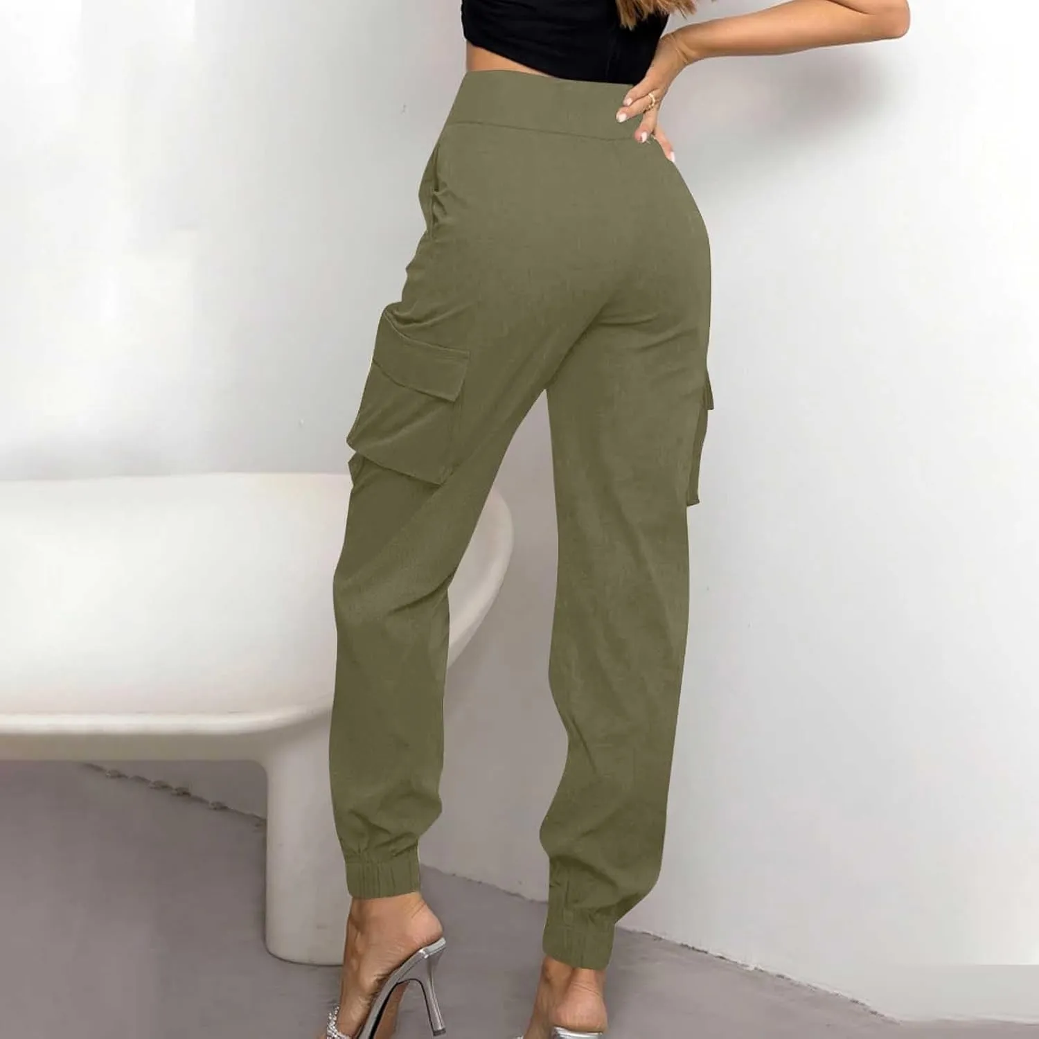 Cargo Sweatpants Women Buttons Elastic Waisted Pants Baggy Straight Leg Cuffed Cargo Trousers with Multiple Pockets