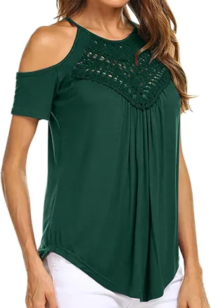 Ceboyel Women's Guipure Lace Trim Tops Cold Shoulder Tunic Blouses Dressy Causal Shirts Trendy Ladies Summer Clothes 2023