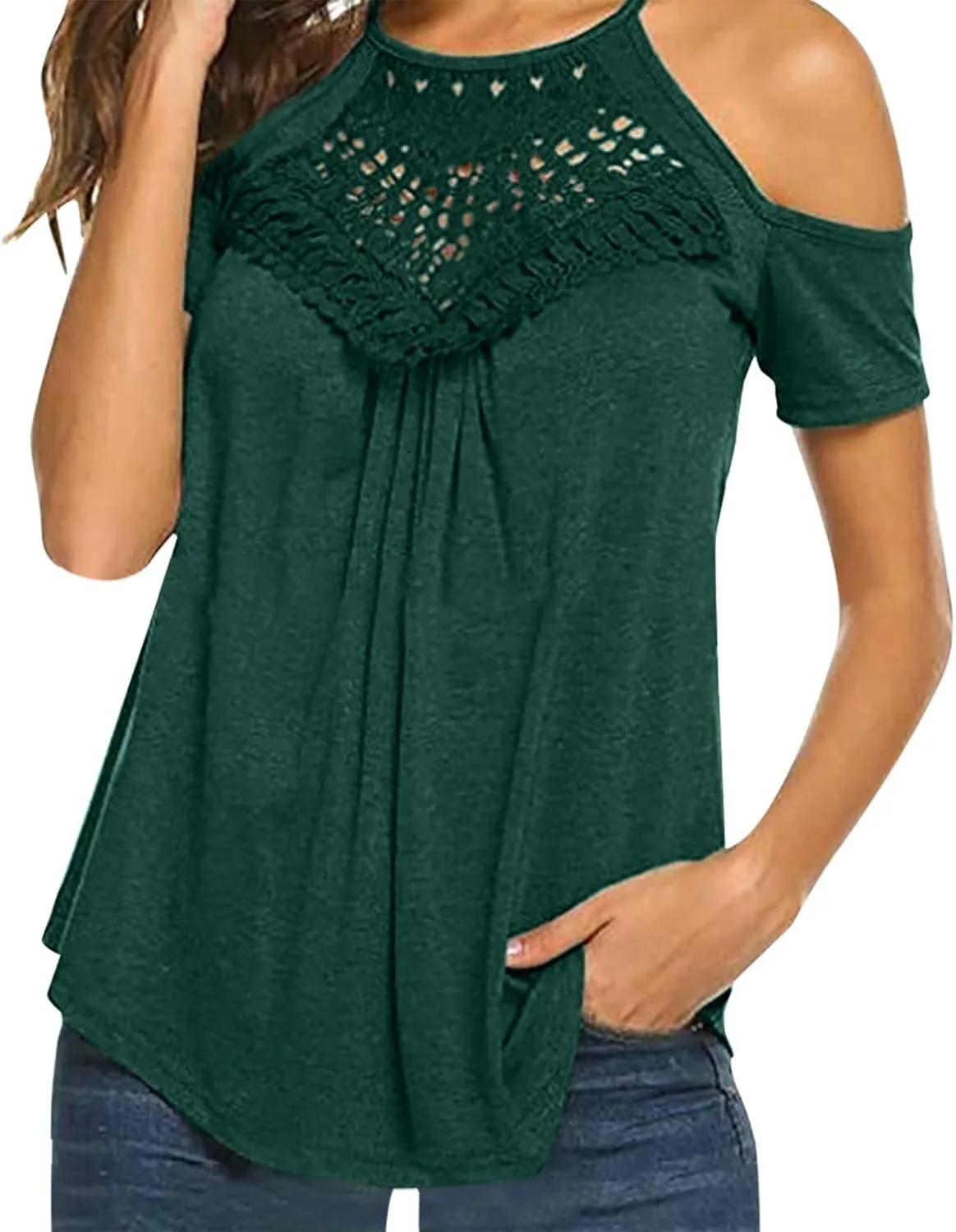 Ceboyel Women's Guipure Lace Trim Tops Cold Shoulder Tunic Blouses Dressy Causal Shirts Trendy Ladies Summer Clothes 2023