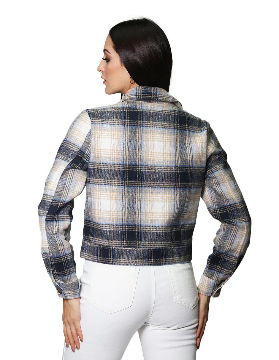 Chamarras Para Mujer Chaqueta Corta Con Estampado De Cuadros De Manga Larga Con Botones Q33101 Azul