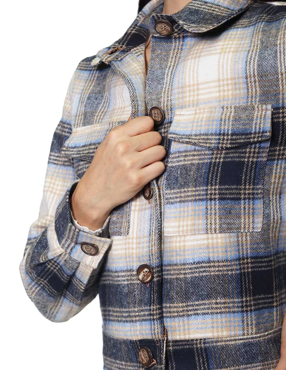 Chamarras Para Mujer Chaqueta Corta Con Estampado De Cuadros De Manga Larga Con Botones Q33101 Azul