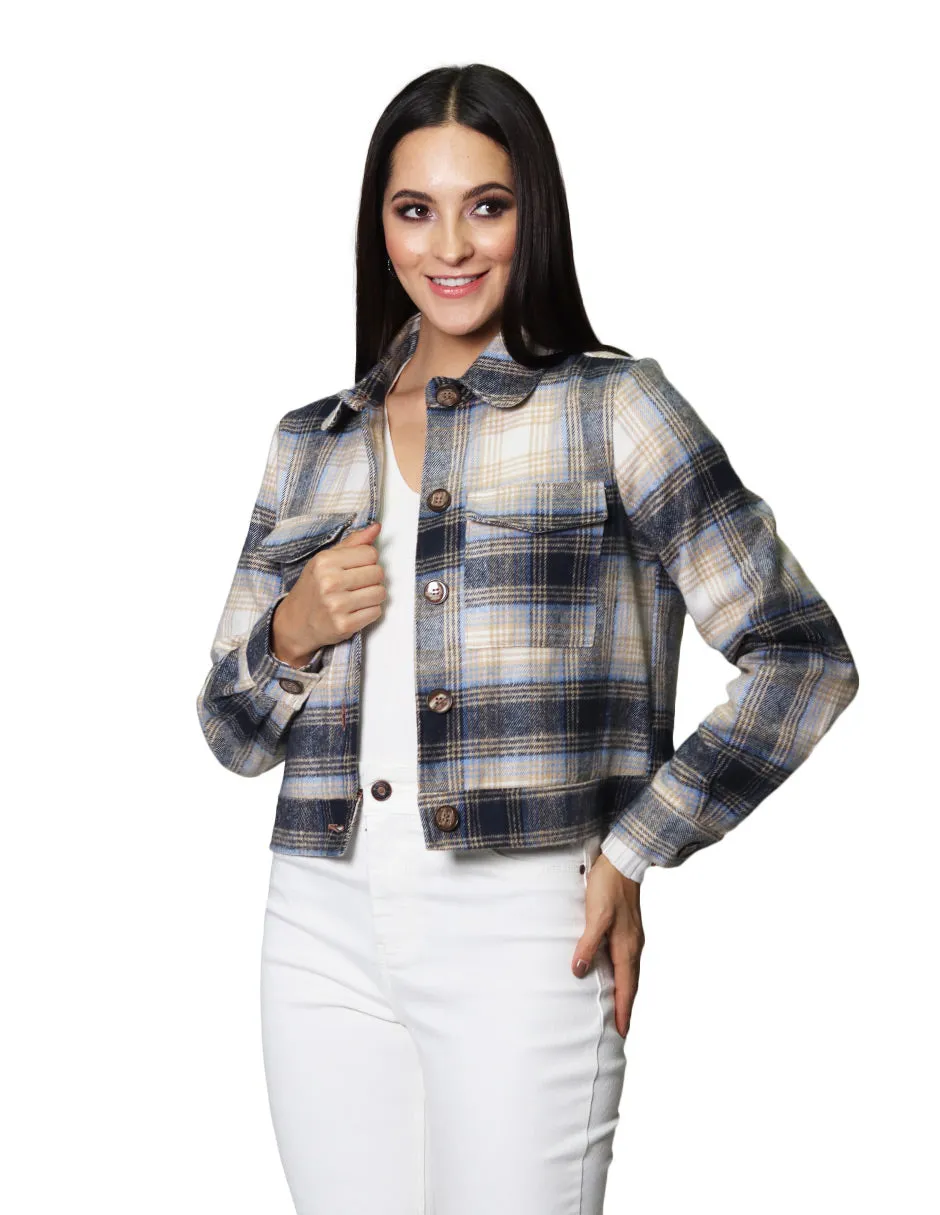Chamarras Para Mujer Chaqueta Corta Con Estampado De Cuadros De Manga Larga Con Botones Q33101 Azul