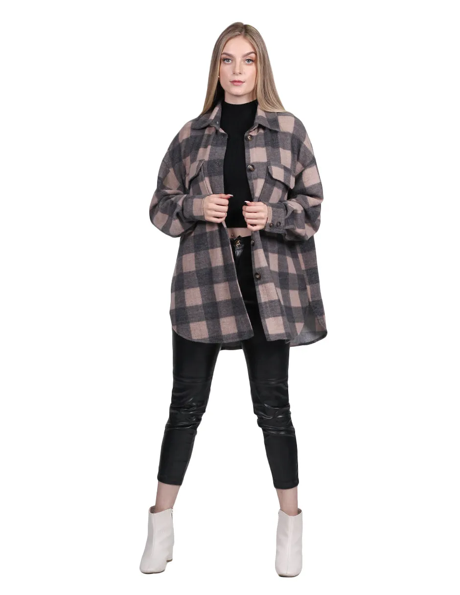 Chamarras Para Mujer Chaqueta Oversize Comodo Manga Larga Con Estampado de Cuadros Con Bolsas Q33100 Beige
