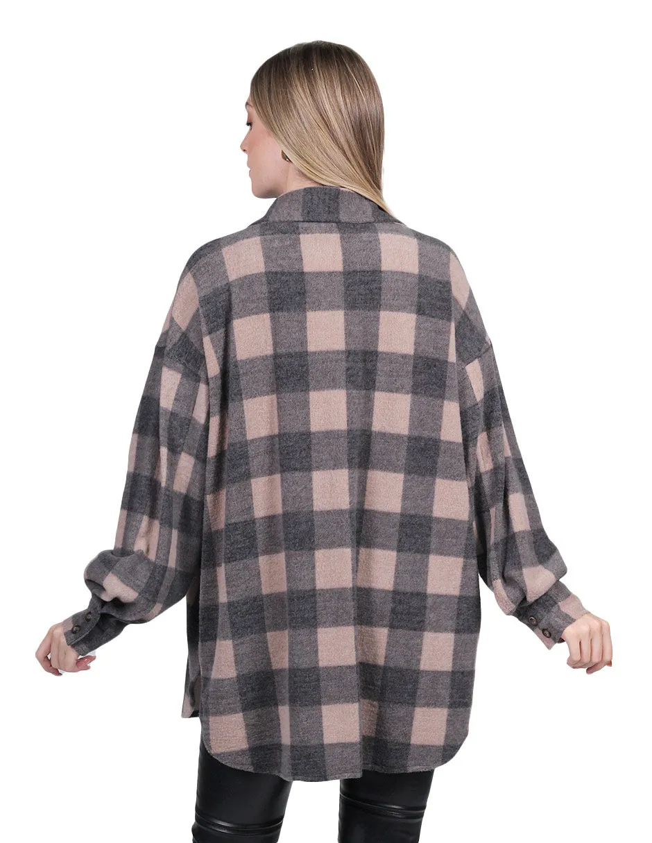 Chamarras Para Mujer Chaqueta Oversize Comodo Manga Larga Con Estampado de Cuadros Con Bolsas Q33100 Beige